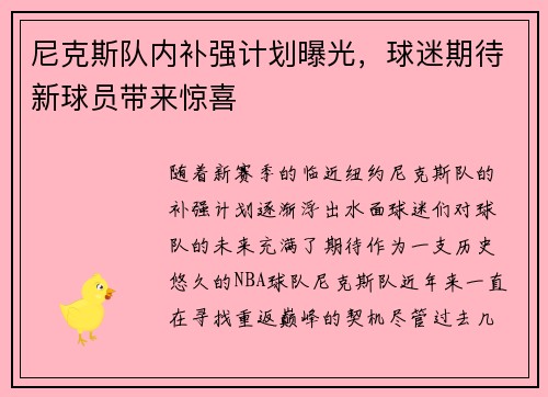 尼克斯队内补强计划曝光，球迷期待新球员带来惊喜